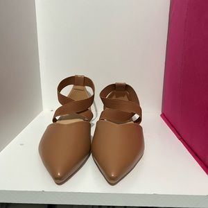 Camel colored pointed toe flats with elastic straps